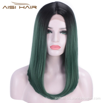Aisi Hair Synthetic Silky Straight Lace Front Wigs Ombre Green Middle Part Lace Front Cosplay Bob Wigs for Women